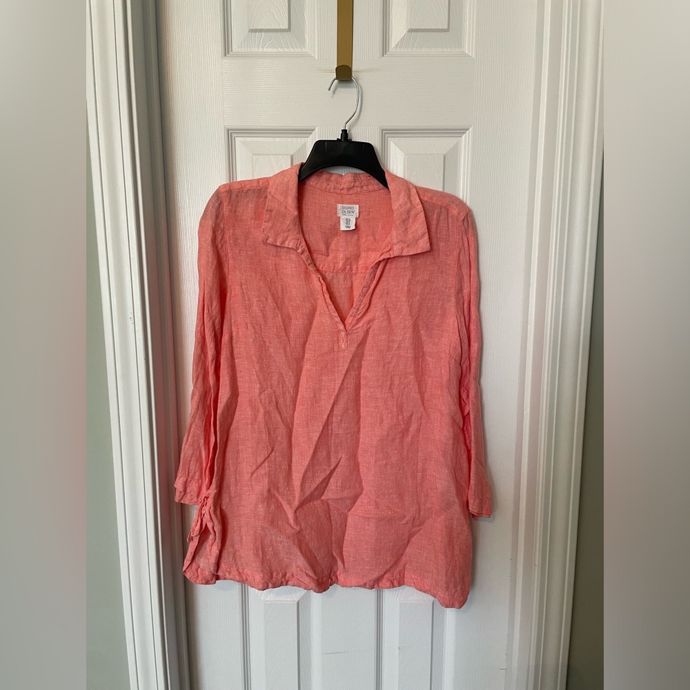 Sigrid Olsen 100% linen popover blouse in a coral/orange-pink color